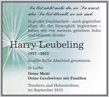 Traueranzeige von Harry Leubeling von WVG - Wochenspiegel NMB / WSF / ZTZ