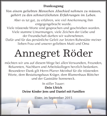 Traueranzeige von Annegret Röder von Mitteldeutsche Zeitung Wittenberg