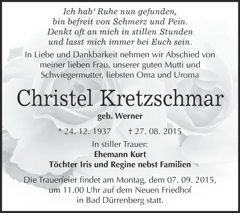  Traueranzeige für Christel Kretzschmar vom 05.09.2015 aus Super Sonntag Merseburg