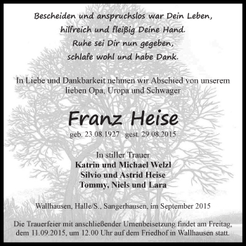 Traueranzeige von Franz Heise von Super Sonntag SGH Mansf. Land