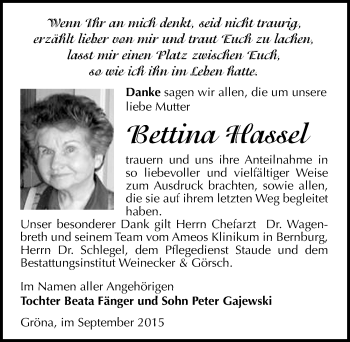 Traueranzeige von Bettina Hassel von Mitteldeutsche Zeitung Bernburg