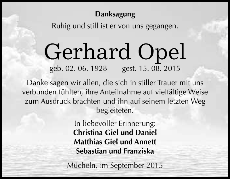  Traueranzeige für Gerhard Opel vom 12.09.2015 aus WVG - Wochenspiegel Merseburg