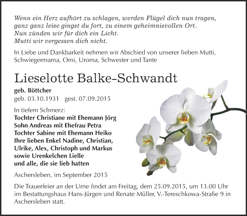  Traueranzeige für Lieselotte Balke-Schwandt vom 16.09.2015 aus Super Sonntag Aschersleben