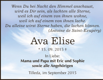 Traueranzeige von Ava Elise von WVG - Wochenspiegel SGH