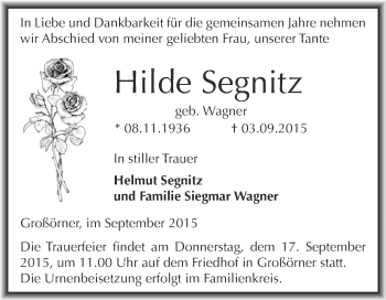 Traueranzeige von Hilde Segnitz von Wochenspiegel Mansfelder Land