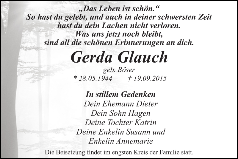  Traueranzeige für Gerda Glauch vom 26.09.2015 aus WVG - Wochenspiegel Dessau / Köthen