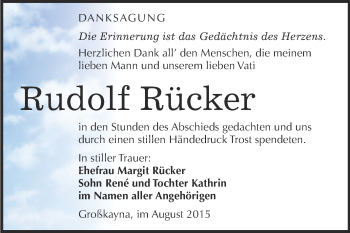 Traueranzeige von Rudolf Rücker von WVG - Wochenspiegel Merseburg