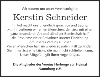 Traueranzeige von Kerstin Schneider von WVG - Wochenspiegel NMB / WSF / ZTZ