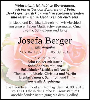 Traueranzeige von Josefa Berger von WVG - Wochenspiegel Dessau / Köthen