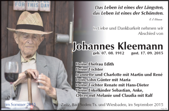 Traueranzeige von Johannes Kleemann von Super Sonntag Zeitz