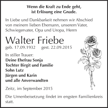 Traueranzeige von Walter Friebe von Super Sonntag Zeitz
