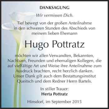 Traueranzeige von Hugo Pottratz von WVG - Wochenspiegel Dessau / Köthen
