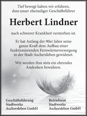 Traueranzeige von Herbert Lindner von Super Sonntag Aschersleben