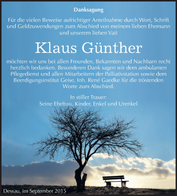 Traueranzeige von Klaus Günther von WVG - Wochenspiegel Dessau / Köthen