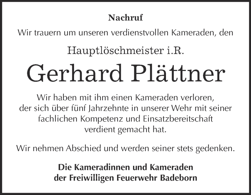  Traueranzeige für Gerhard Plättner vom 02.09.2015 aus WVG - Wochenspiegel Quedlinburg