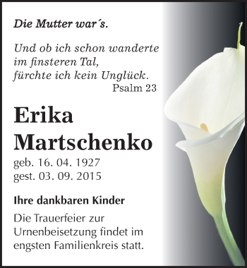 Traueranzeige von Erika Martschenko von Mitteldeutsche Zeitung Naumburg/Nebra