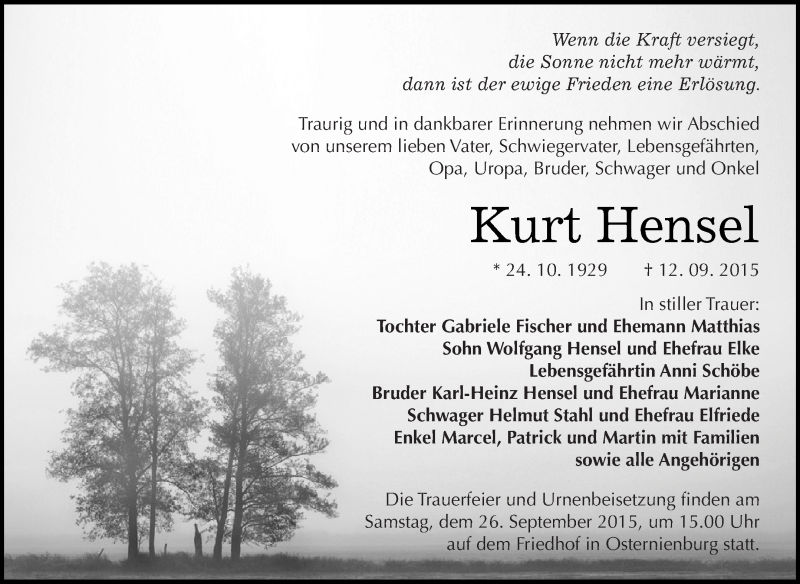  Traueranzeige für Kurt Hensel vom 19.09.2015 aus WVG - Wochenspiegel Dessau / Köthen