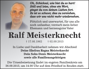 Traueranzeige von Ralf Meisterknecht von Super Sonntag Zeitz