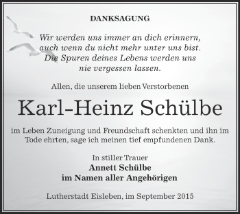 Traueranzeige von Karl-Heinz Schülbe von Wochenspiegel Mansfelder Land