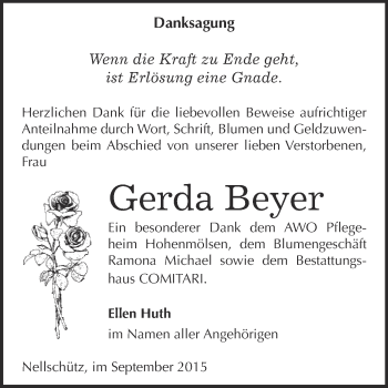 Traueranzeige von Gerda Beyer von WVG - Wochenspiegel NMB / WSF / ZTZ