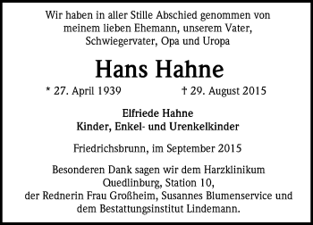 Traueranzeige von Hans Hahne von Super Sonntag Quedlinburg