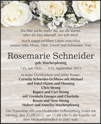 Traueranzeige von Rosemarie Schneider von WVG - Wochenspiegel NMB / WSF / ZTZ