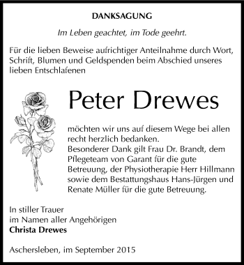 Traueranzeige von Peter Drewes von Mitteldeutsche Zeitung Aschersleben