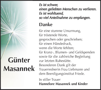Traueranzeige von Günter Masannek von WVG - Wochenspiegel Dessau / Köthen