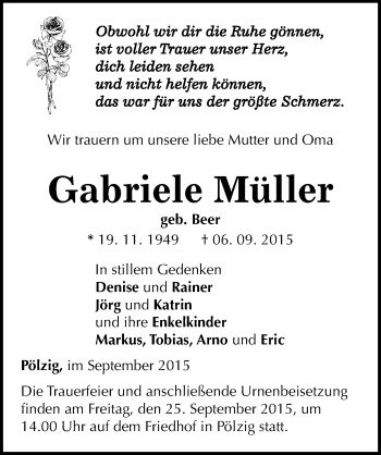 Traueranzeige von Gabriele Müller von Mitteldeutsche Zeitung Zeitz