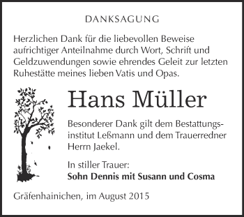 Traueranzeige von Hans Müller von WVG - Wochenspiegel Wittenberg