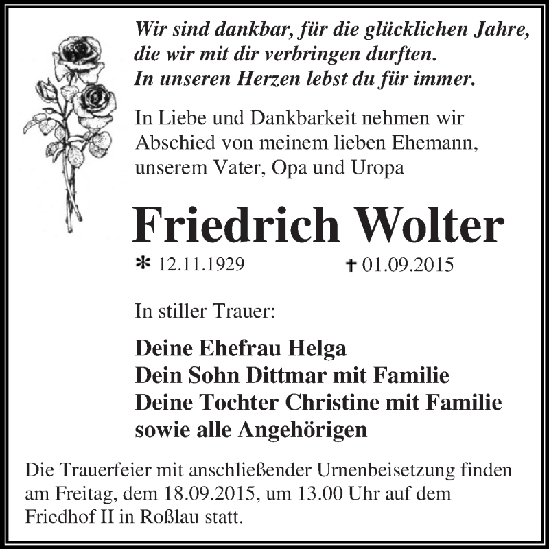  Traueranzeige für Friedrich Wolter vom 05.09.2015 aus WVG - Wochenspiegel Dessau / Köthen
