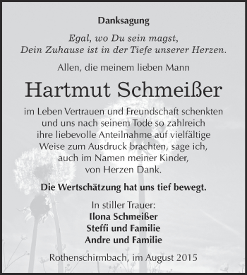 Traueranzeige von Hartmut Schmeißer von Wochenspiegel Mansfelder Land