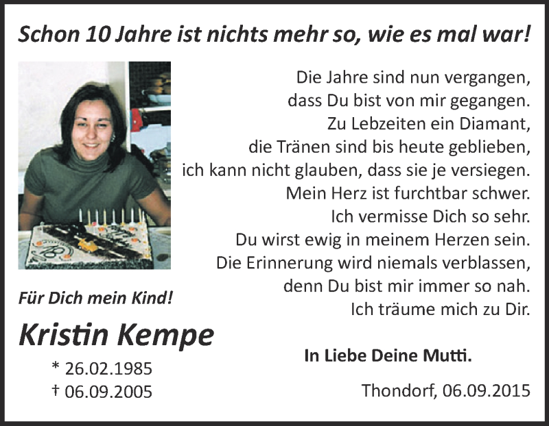 Traueranzeige für Kristin Kempe vom 05.09.2015 aus Super Sonntag SGH Mansf. Land