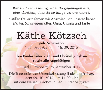 Traueranzeige von Käthe Kötzsch von Mitteldeutsche Zeitung Merseburg/Querfurt