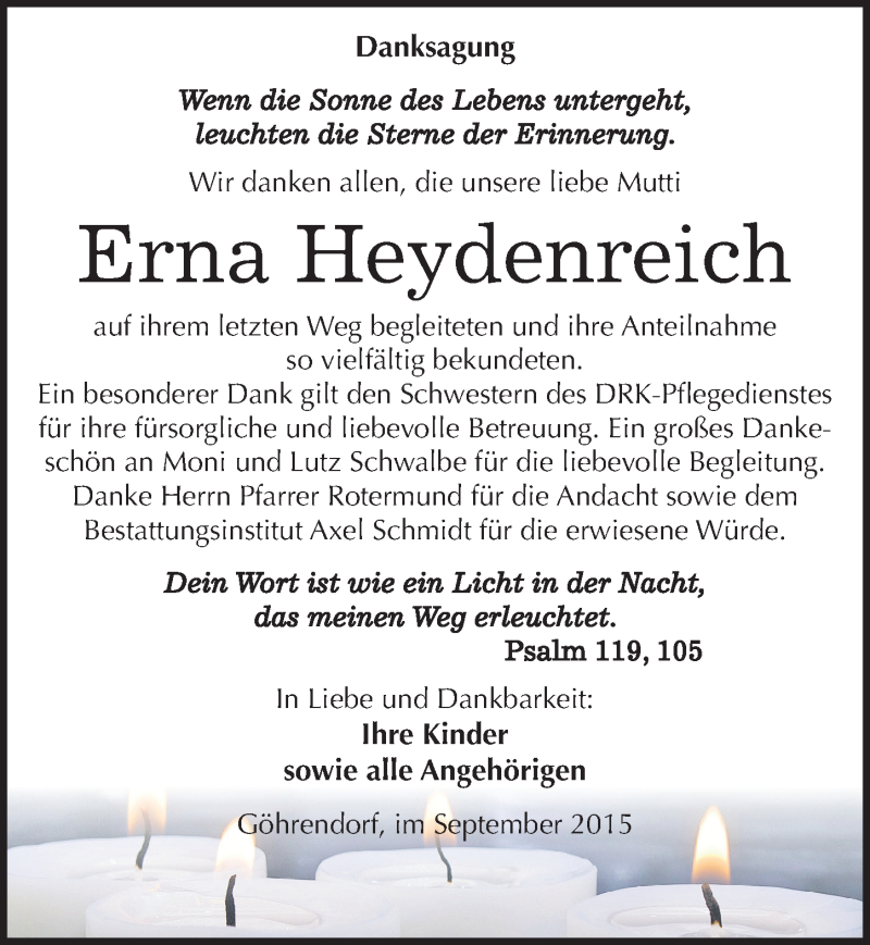 Traueranzeige für Erna Heydenreich vom 12.09.2015 aus Mitteldeutsche Zeitung Merseburg/Querfurt