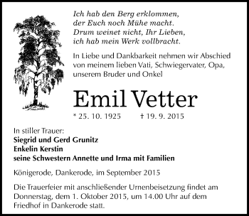 Traueranzeige von Emil Vetter von Mitteldeutsche Zeitung Quedlinburg