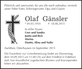 Traueranzeige von Olaf Gänsler von Wochenspiegel Mansfelder Land
