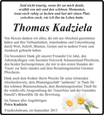 Traueranzeige von Thomas Kadziela von Super Sonntag Quedlinburg