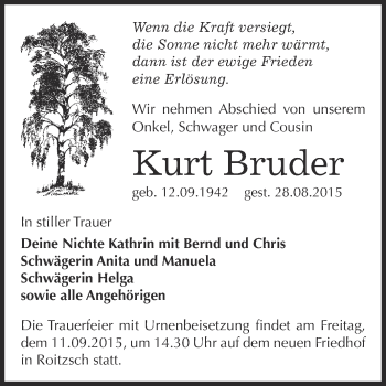 Traueranzeige von Kurt Bruder von WVG - Wochenspiegel Bitterfeld
