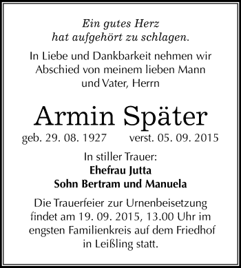 Traueranzeige von Armin Später von WVG - Wochenspiegel NMB / WSF / ZTZ