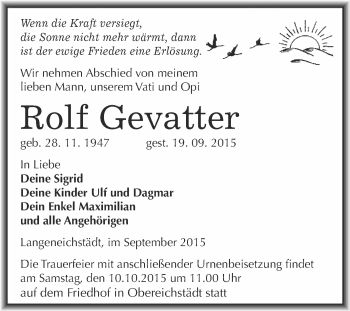 Traueranzeige von Rolf Gevatter von WVG - Wochenspiegel Merseburg
