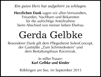 Traueranzeige von Gerda Gelbke von Mitteldeutsche Zeitung Mansfelder Land