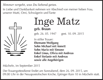 Traueranzeige von Inge Matz von WVG - Wochenspiegel Merseburg