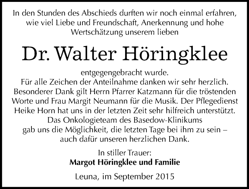  Traueranzeige für Walter Höringklee vom 24.09.2015 aus Mitteldeutsche Zeitung Merseburg/Querfurt