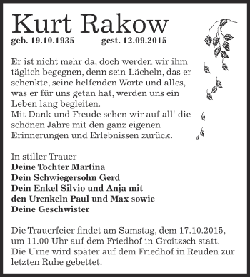 Traueranzeige von Kurt Rakow von Super Sonntag Zeitz