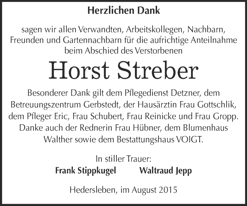  Traueranzeige für Horst Streber vom 05.09.2015 aus Super Sonntag SGH Mansf. Land