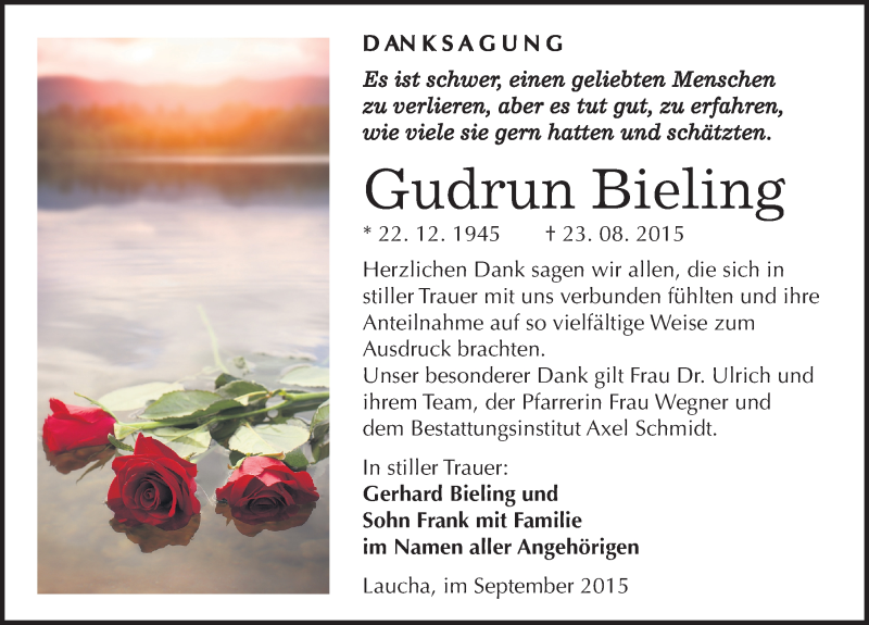  Traueranzeige für Gudrun Bieling vom 10.09.2015 aus Mitteldeutsche Zeitung Naumburg/Nebra