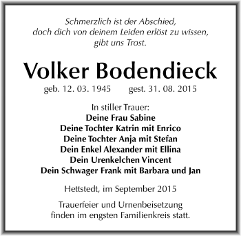Traueranzeige von Volker Bodendieck von Mitteldeutsche Zeitung Mansfelder Land