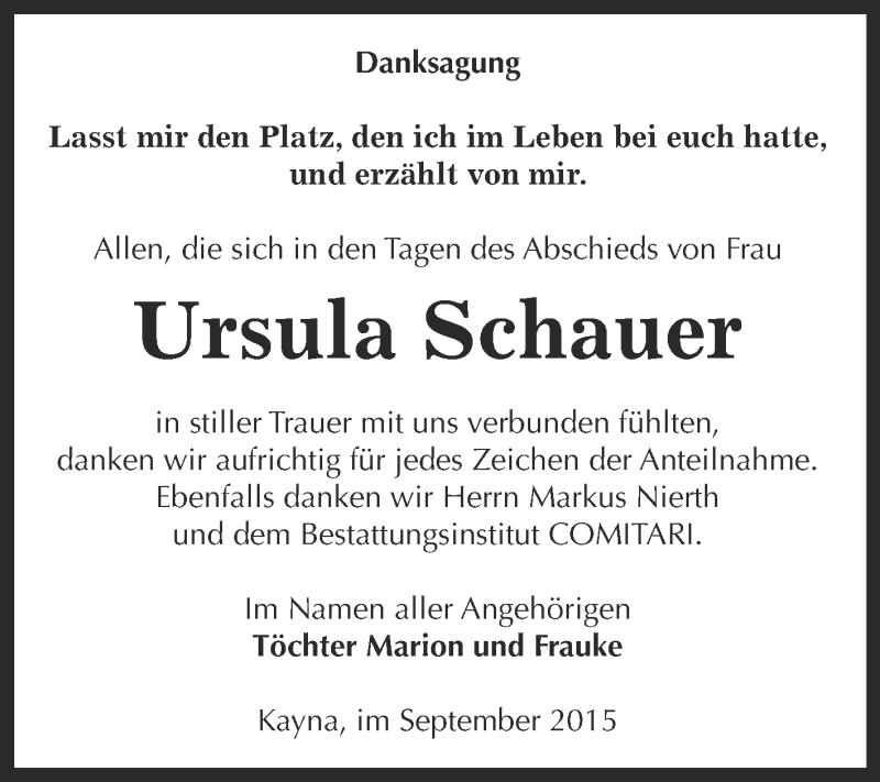  Traueranzeige für Ursula Schauer vom 12.09.2015 aus Super Sonntag Zeitz