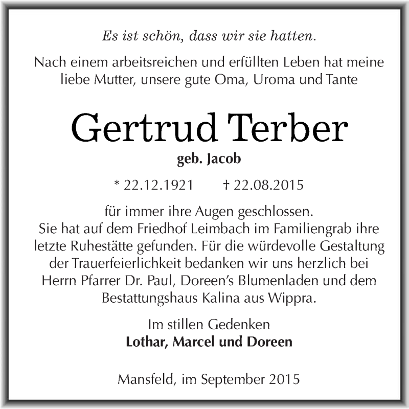  Traueranzeige für Gertrud Terber vom 09.09.2015 aus Wochenspiegel Mansfelder Land